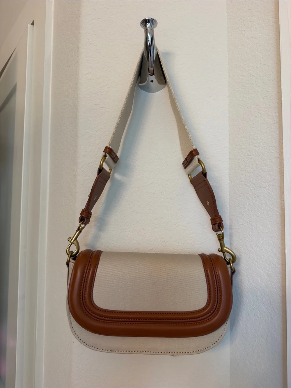 Zara Beige Canvas Shoulder Bag with Brown Leather Trim